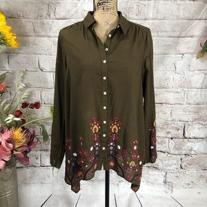 Johnny Was Hanky Hem Embroidered Button Down Top